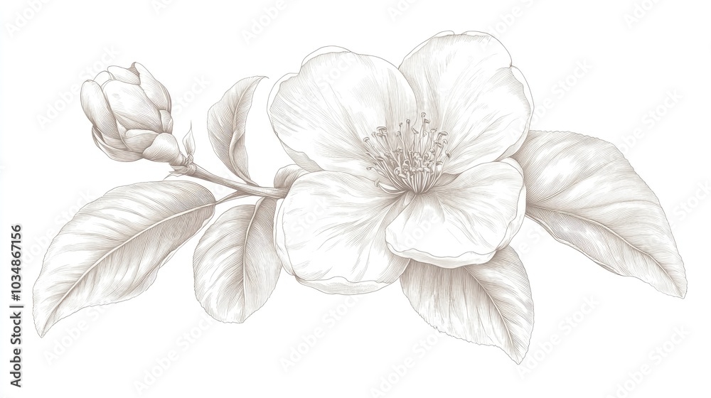 Obraz premium Line art illustration of a decorative quince tropical flower bloom on a white background Hand drawn monochrome watercolor botanical design for weddings cards and invitations in a Japanese style