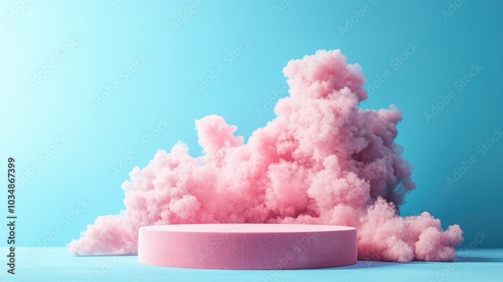 Pink Cloud Formation with Circular Pedestal on Blue Background