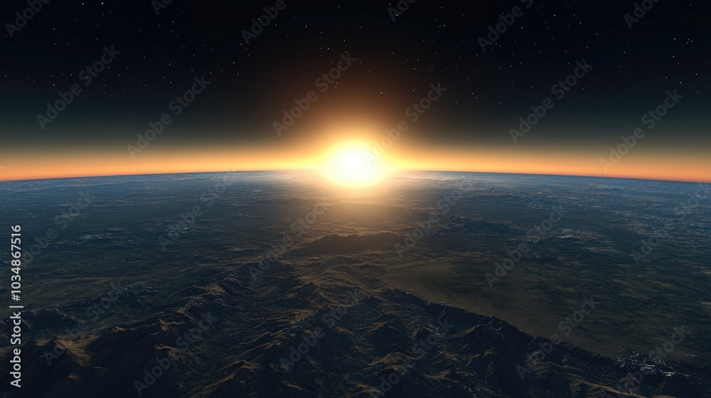 Blue sunrise viewed from space in 3D cartoon rendering Blue sunrise viewed from space in 3D cartoon rendering