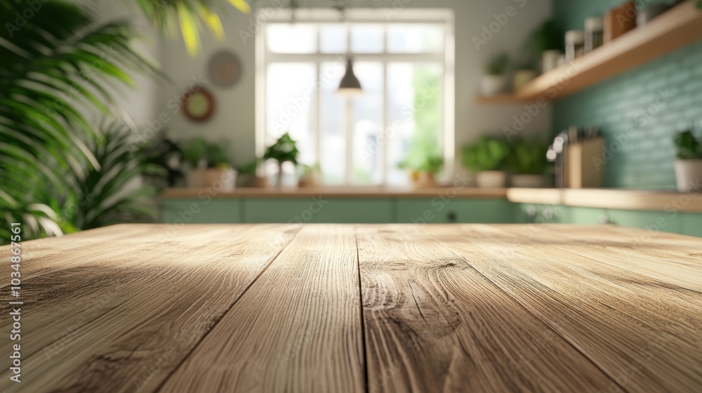 3D rendering of a wooden table surface with a blurred modern kitchen interior in green tones