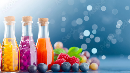 Three small glass bottles filled with vibrant fruit extracts stand alongside fresh berries and mint leaves, creating a colorful display with a soft-focus backdrop