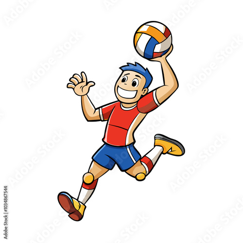 Victory Volleyball Serve: Cartoon illustration of a joyful volleyball player executing a powerful serve, dynamic pose conveying energy and skill. 