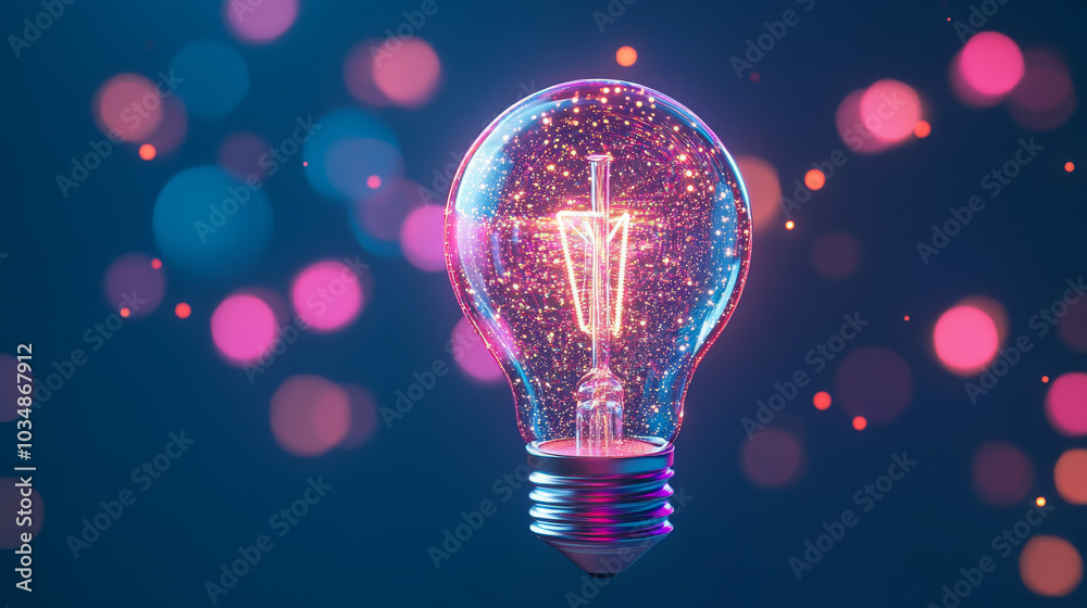 A glowing light bulb with sparkling elements and colorful bokeh background creates vibrant and enchanting atmosphere. This image captures essence of creativity and inspiration