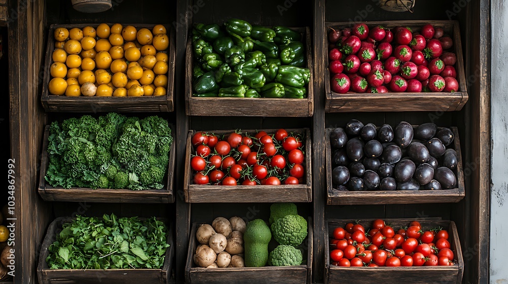 A vibrant display of fresh vegetables neatly arranged on wooden shelves in a local market. A vibrant display of fresh vegetables neatly arranged on wooden shelves in a local market.