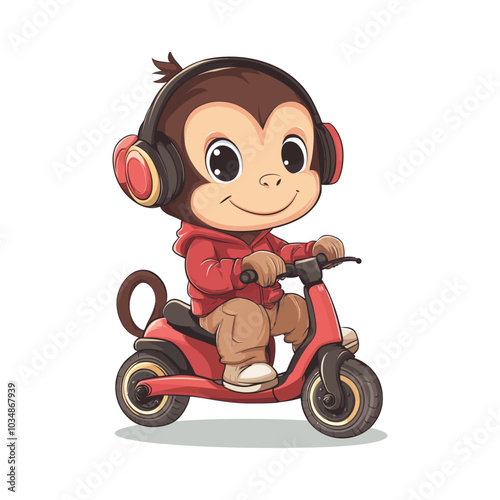 Motorcycle Monkey Listening to Music on Headphones Vector Art