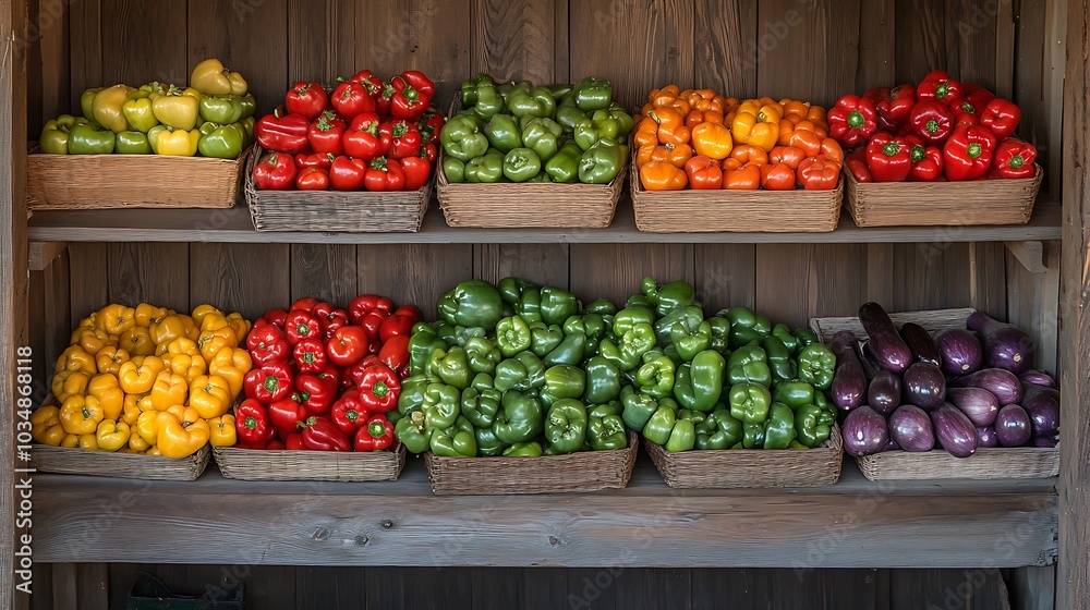 A vibrant display of fresh vegetables neatly arranged on wooden shelves in a local market. A vibrant display of fresh vegetables neatly arranged on wooden shelves in a local market.