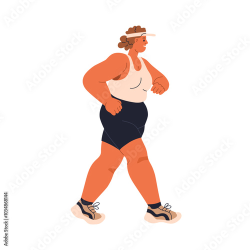 Plus-size woman jogging, walking. Female jogger with fat body. Active cardio workout, endurance training, physical exercise. Healthy activity. Flat vector illustration isolated on white background