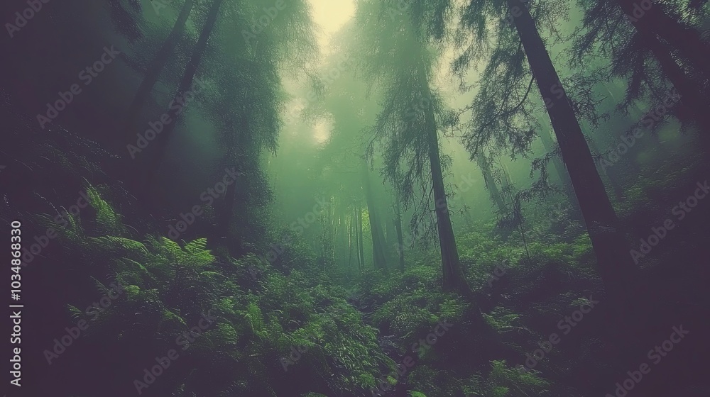 Mystical Foggy Forest Path with Tall Trees Mystical Foggy Forest Path with Tall Trees