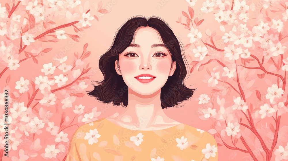 Asian Girl Smiling Happily In A Pink Flower Backdrop Wearing Summer Fashion Outfits Outdoor Portrait With Blooming Trees Shopping Theme Asian Girl Smiling Happily In A Pink Flower Backdrop Wearing Summer Fashion Outfits Outdoor Portrait With Blooming Trees Shopping Theme