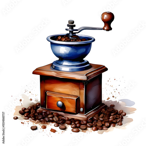 watercolor illustration of a vintage coffee grinder surrounded by scattered coffee beans, on white background