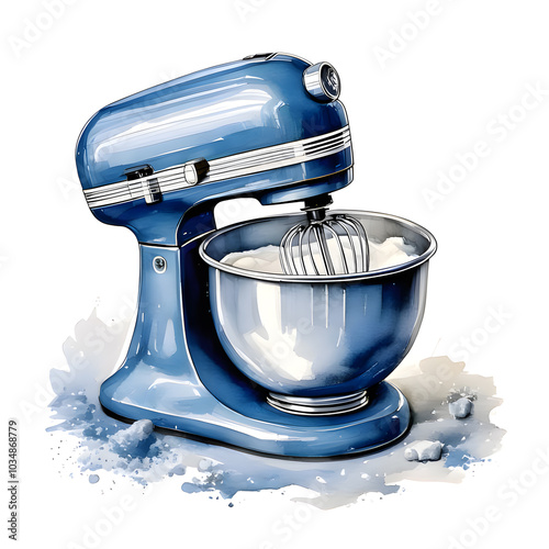 watercolor illustration of a stand mixer, with a bowl of batter beside it, on a cozy kitchen countertop adorned  photo