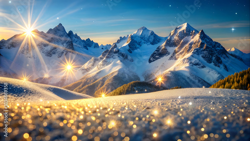 Glittering Snow-Covered Mountains in Morning Light. Perfect for: Christmas, New Year's Day, Winter Solstice