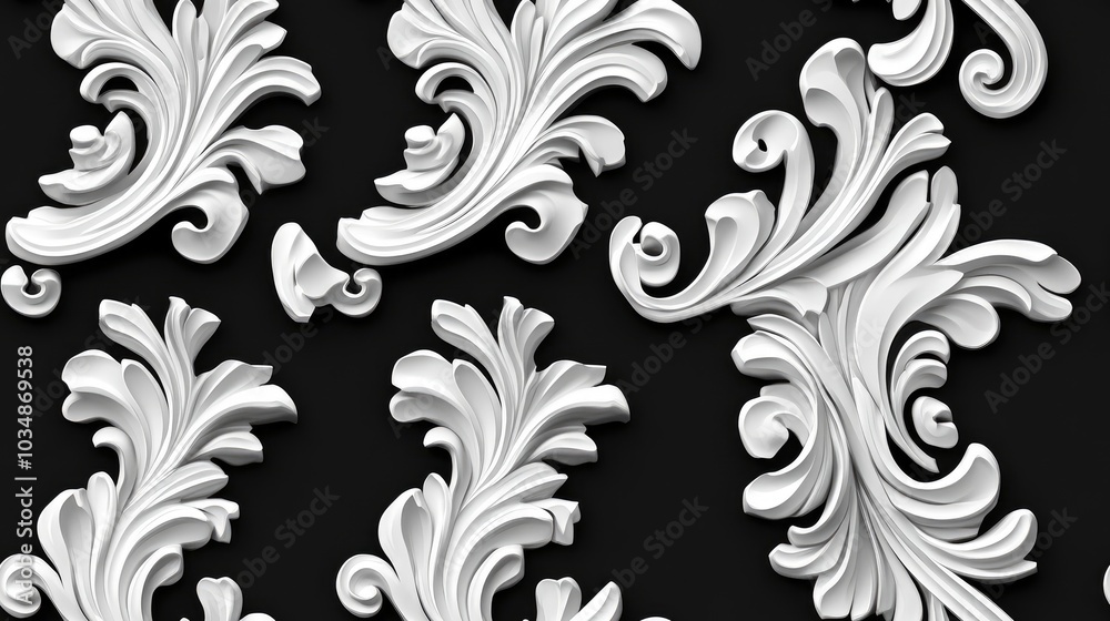 Gypsum products featuring stucco weave patterns and ornaments on a black background Gypsum products featuring stucco weave patterns and ornaments on a black background