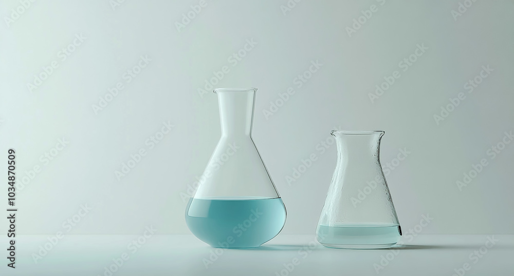A white beaker filled with light blue liquid and an open glass carafe on the right, both placed against a plain background. A white beaker filled with light blue liquid and an open glass carafe on the right, both placed against a plain background.