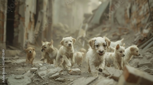 A cute group of puppies enters the ruins