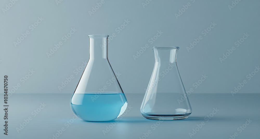 A white beaker filled with light blue liquid and an open glass carafe on the right, both placed against a plain background. A white beaker filled with light blue liquid and an open glass carafe on the right, both placed against a plain background.