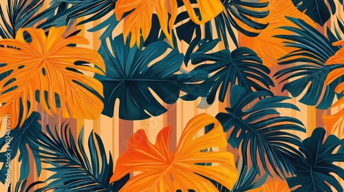 Vibrant seamless pattern featuring tropical leaves on a striped background suitable for wallpaper pattern fills web pages surface textures textile prints and wrapping paper