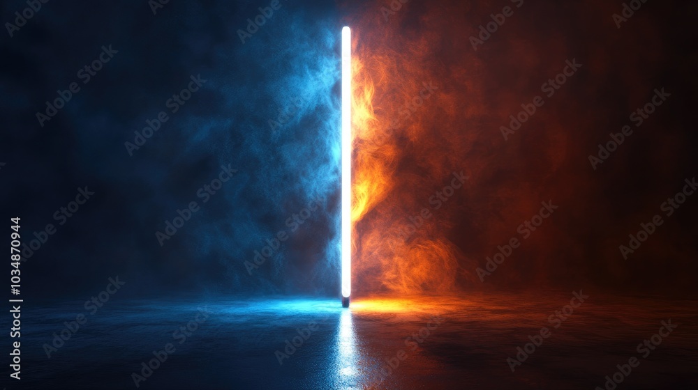 Obraz premium Fantasy 3D rendering of a white light stripe representing a magic wand against a dark backdrop illuminated by reflections in blue and orange