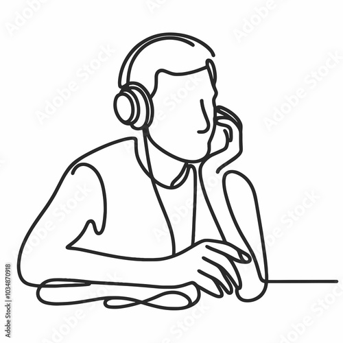 Person listening to music on headphones in line drawing.