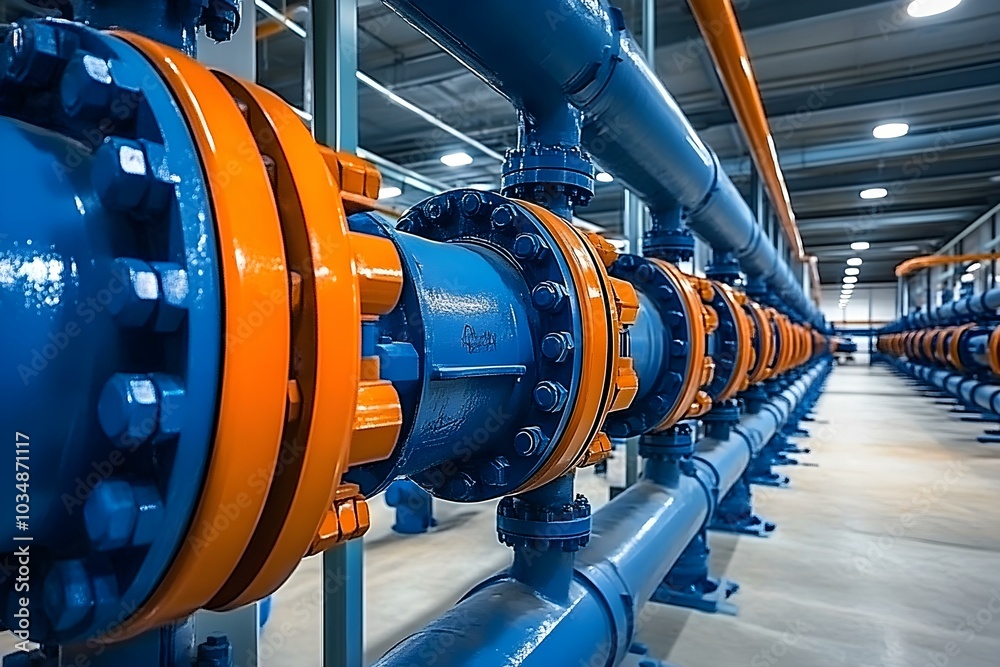 Industrial Pipe System with Blue and Orange Valves Industrial Pipe System with Blue and Orange Valves