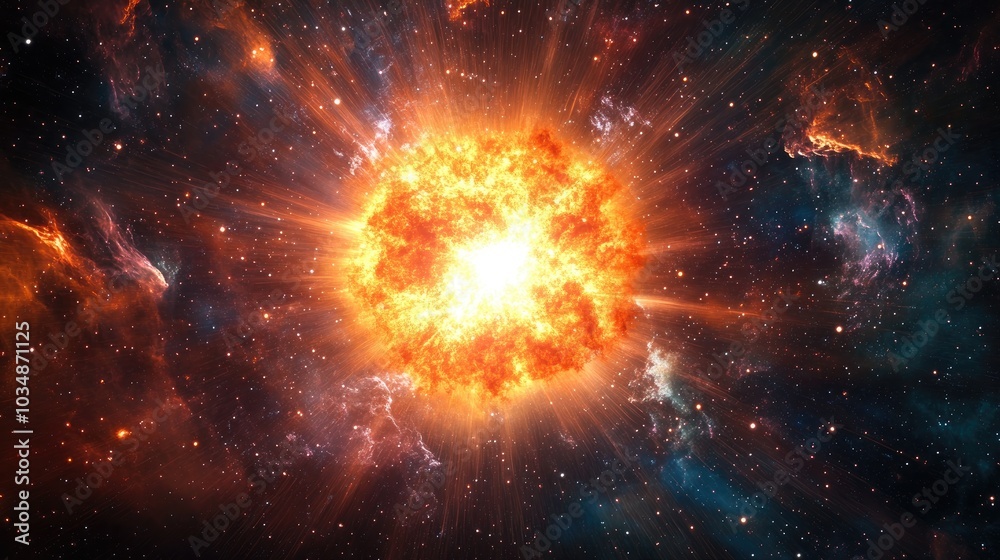 Rendering of a 3D cartoon depiction of a supernova explosion featuring a bright star nebula in a distant galaxy abstract imagery Rendering of a 3D cartoon depiction of a supernova explosion featuring a bright star nebula in a distant galaxy abstract imagery