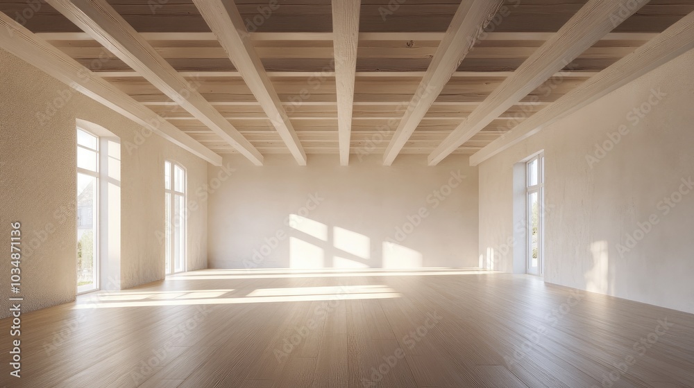 3D rendering of a vacant area featuring a ceiling with white wooden beams and a wooden floor illuminated by gentle natural daylight 3D rendering of a vacant area featuring a ceiling with white wooden beams and a wooden floor illuminated by gentle natural daylight