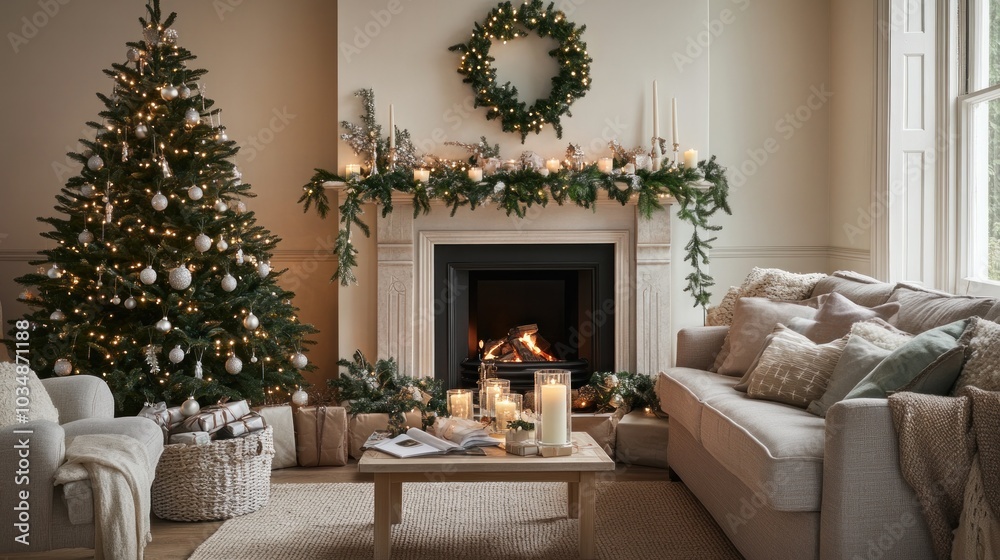 A festive living room with a Christmas tree and fireplace, beautifully decorated with garlands, lights, A festive living room with a Christmas tree and fireplace, beautifully decorated with garlands, lights,