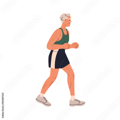Elderly woman jogging. Senior female runner exercising for cardio endurance. Old aged person running. Active healthy older jogger workout. Flat vector illustration isolated on white background