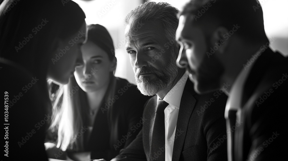 Business meeting in a dimly lit room with focused discussions among professionals Business meeting in a dimly lit room with focused discussions among professionals