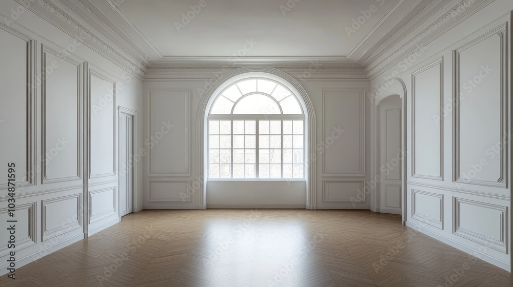 3D rendering of a classic empty room interior featuring white walls a parquet floor and an arch window 3D rendering of a classic empty room interior featuring white walls a parquet floor and an arch window