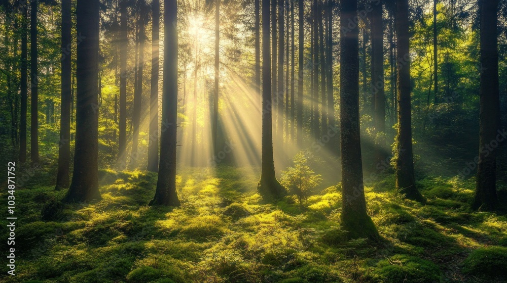 Obraz premium A forest landscape with sunlight shining through the dense trees, illuminating the vibrant greenery and creating a picturesque scene
