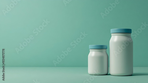 A white bottle and jar with a blue lid, standing on the right side of an empty, light green background.