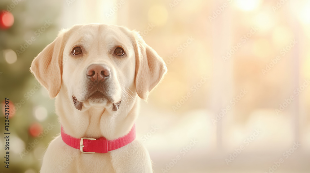 friendly yellow Labrador retriever with pink collar sits gracefully, exuding warmth and joy in festive setting. soft background hints at holiday atmosphere friendly yellow Labrador retriever with pink collar sits gracefully, exuding warmth and joy in festive setting. soft background hints at holiday atmosphere