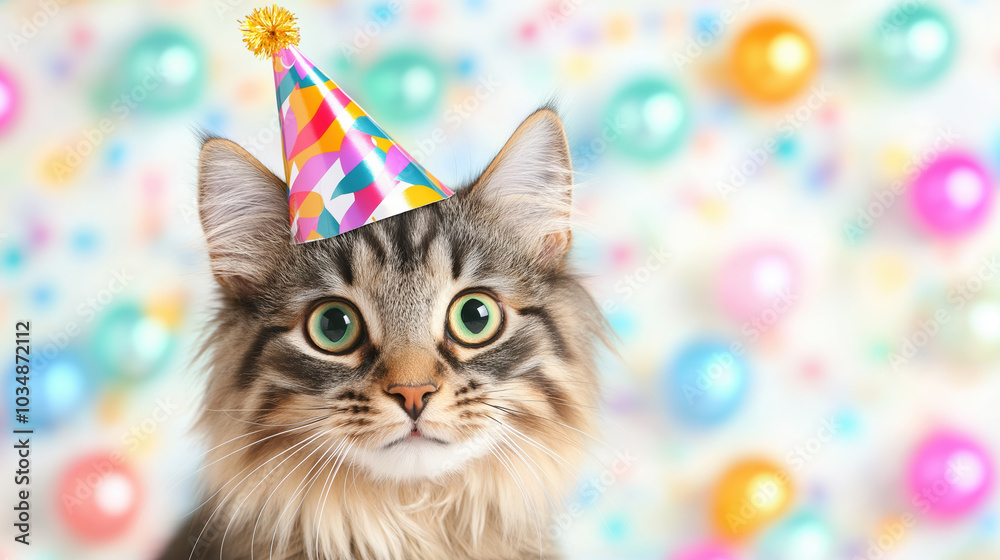 playful cat wearing colorful party hat, surrounded by festive decorations, exudes joyful atmosphere perfect for celebrations playful cat wearing colorful party hat, surrounded by festive decorations, exudes joyful atmosphere perfect for celebrations