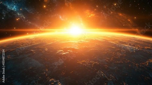 Panoramic view of the Earth sun stars and galaxy in a 3D cartoon rendering Sunrise over the planet as seen from space