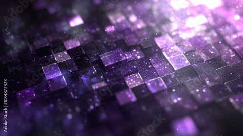 A vibrant abstract design featuring purple and black pixelated patterns, evoking a cosmic atmosphere.