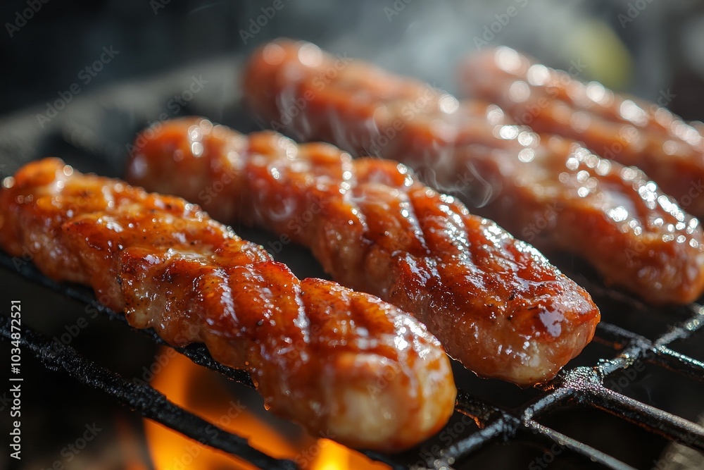 Close-up of four juicy, grilled sausages on a barbecue grill with flames visible below. Close-up of four juicy, grilled sausages on a barbecue grill with flames visible below.