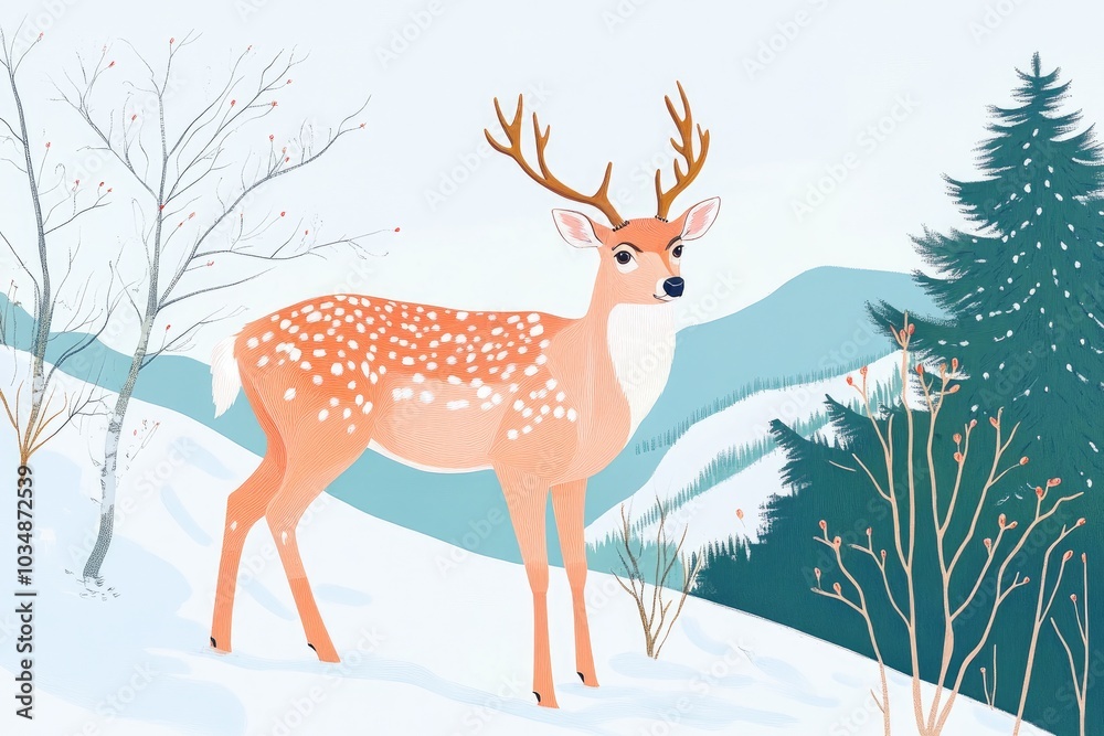 Illustration of a majestic deer in a snowy landscape Illustration of a majestic deer in a snowy landscape
