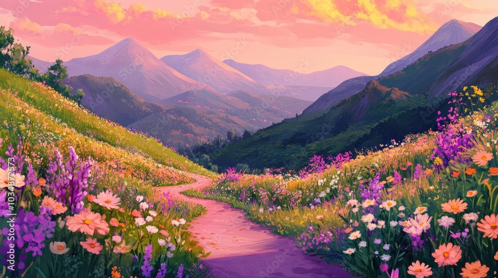 Obraz premium Scenic illustration of a path winding through lush green hills adorned with colorful wildflowers in a mountainous landscape beneath a pink sky
