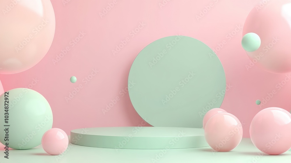 Minimalist Abstract Background with Green and Pink Spheres and a Platform Minimalist Abstract Background with Green and Pink Spheres and a Platform