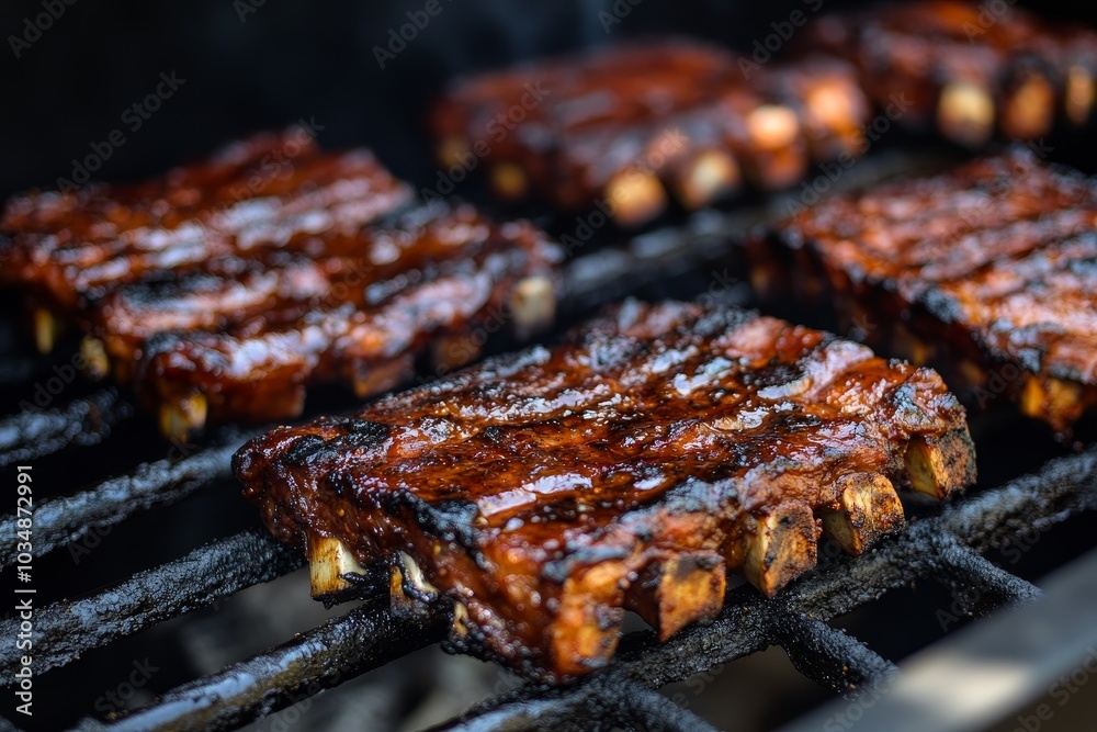 Close up of ribs on a barbecue grill with a smoky background. Close up of ribs on a barbecue grill with a smoky background.