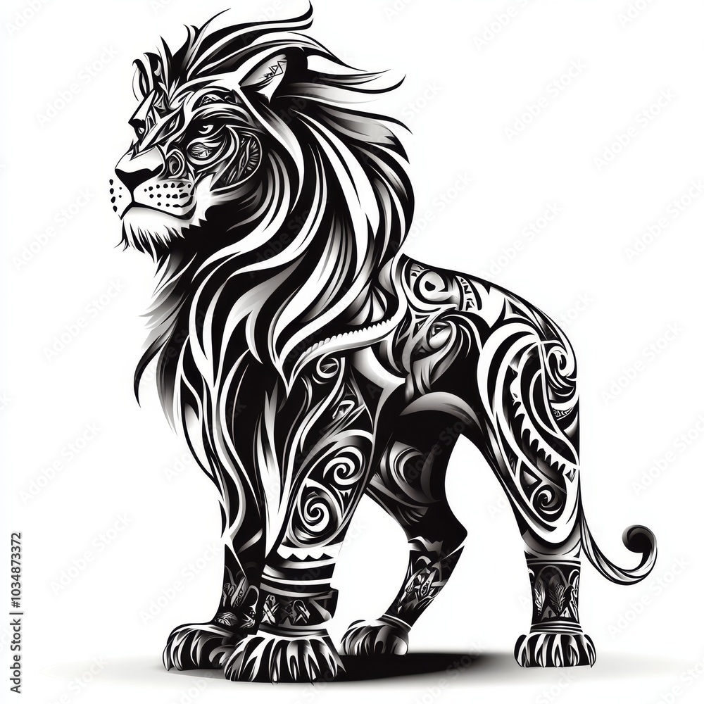 Obraz premium Tribal Lion Tattoo Design: Black and White Vector Illustration