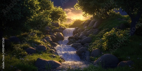 A stream flowing over rocky terrain, A stream cascading over rocks