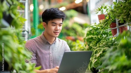 An Asian male entrepreneur in sustainable business, working on a laptop in a green workspace, discussing eco-friendly solutions and sustainability initiatives for a better future