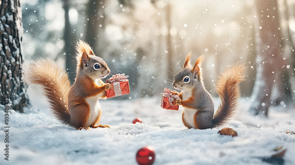 Two squirrels in winter forest with gift box and red ball Two squirrels in winter forest with gift box and red ball