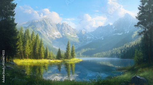 Oil painting depicting a serene mountain corner with pine forests around a picturesque lake capturing the beauty of a tranquil morning landscape