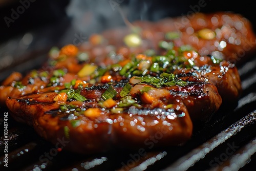 Close-up of sizzling grilled meat with herbs and spices on a hot grill.