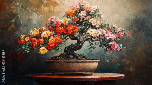 Fototapeta Naklejka Na Ścianę i Meble -  Oil painting of a Bonsai tree adorned with vibrant flowers in a pot showcasing the art of Bonsai cultivation and a stunning floral arrangement