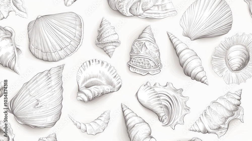 Hand Illustrated Line Art of Seashells Hand Illustrated Line Art of Seashells
