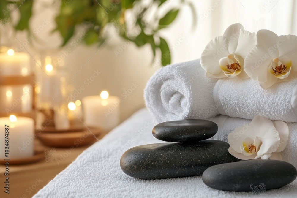 Spa Relaxation with Towels, Stones, and Orchids Spa Relaxation with Towels, Stones, and Orchids